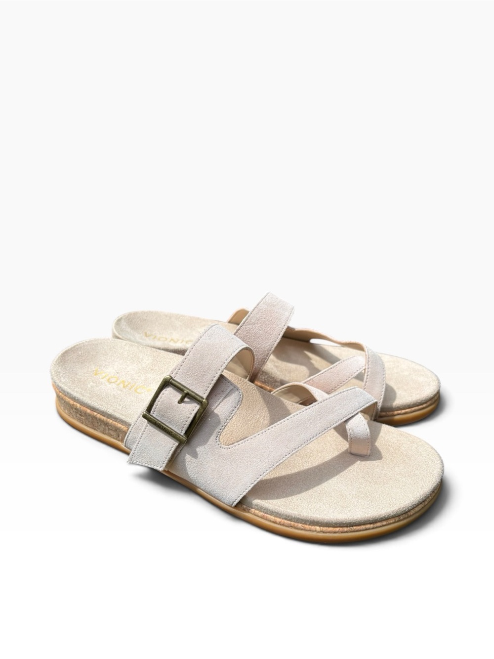 Vionic Women's Carmela Beige Suede Buckle Toe-Loop Sandals